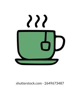 Flat Vector Illustration of Green Teacup with Teabag and Rising Steam on White Background