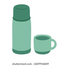 Flat vector illustration of a green thermos and cup. Simple cartoon drink doodle for outdoor use.