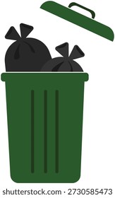 Ilustración vectorial plana de un bote de basura verde lleno de bolsas de basura negras y una tapa abierta, aislado sobre un fondo blanco. Diseño moderno simple que representa la eliminación de residuos y la basura doméstica