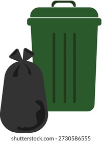 Ilustración vectorial plana de un cubo de basura verde con una bolsa de basura negra. Icono de gestión de residuos simple y moderno que representa la eliminación de basura, el reciclaje, la limpieza y el cuidado del medio ambiente.