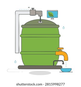A flat vector illustration of a green water storage barrel with an inlet pipe, faucet, and a small collection bowl, representing eco-friendly water conservation.