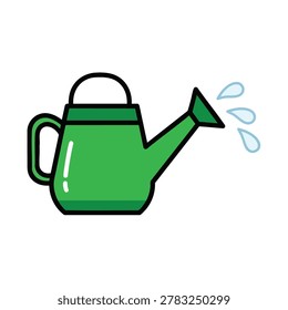 A flat vector illustration of a green watering can with water droplets coming out of the spout