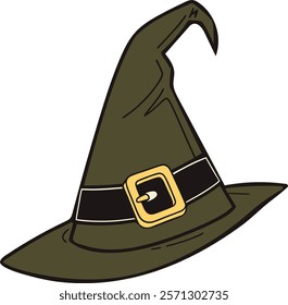 Flat vector illustration of a green witch hat with a golden buckle, perfect for Halloween designs, magical themes, and costume party invitations.