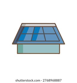 Flat vector illustration of a greenhouse structure, featuring blue glass roof panels and simple design elements.