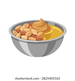 A flat vector illustration of a grey bowl filled with creamy peanut butter, oil, and roasted peanuts isolated on a white background.