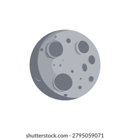 A flat vector illustration of a grey moon featuring various craters on its surface isolated on a white background