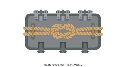 A flat vector illustration of a grey rectangular metal container or hatch secured with a thick rope tied in a reef knot.