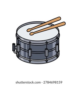 A flat vector illustration of a grey snare drum with white drumhead and two crossed wooden drumsticks resting on top