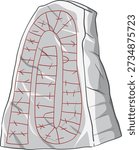 A flat vector illustration of a grey stone monolith with red runic inscriptions and symbols