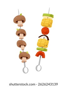 Flat vector illustration of grilled skewers with vegetables and mushrooms. Ideal for BBQ, picnic, or summer food concepts.