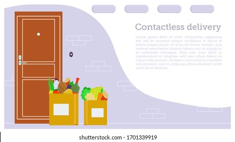 Flat vector illustration: grocery bags near the door. Food delivery during quarantine. Template for website and landing page.