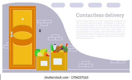 Flat vector illustration: grocery bags near the door. Food delivery during quarantine. Template for website and landing page.