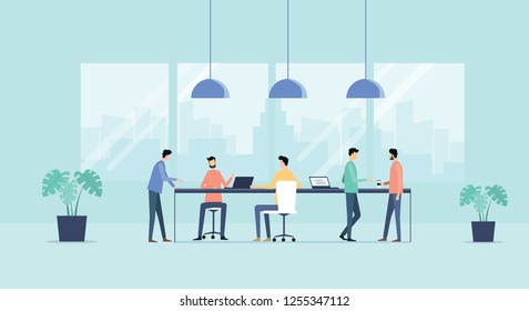 flat vector illustration group business team meeting  and working collaboration in office workplace concept 
