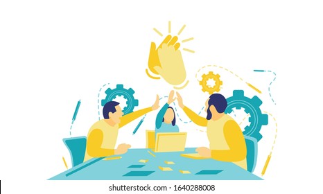 Flat vector illustration. A group of business partners give high fives and smile while working in the office. Two men and women sat around a table. Business concept.