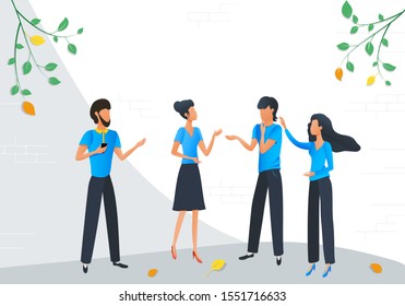 Flat vector illustration, group of cartoon business people talking communication, news discussion, dialogue or conversations between colleagues