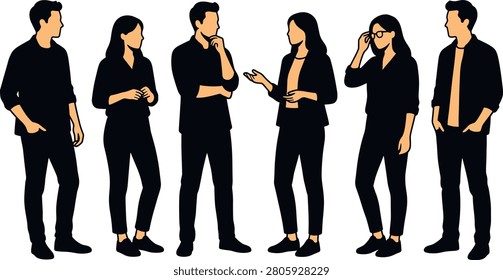Flat vector illustration group of casual people standing talking thinking corporate business teamwork community architectural scale human figure collection