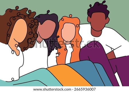 Flat vector illustration of a group of diverse teenage female friends hugging and embracing each other, representing friendship, unity, love, and togetherness, in a modern colorful cartoon style.