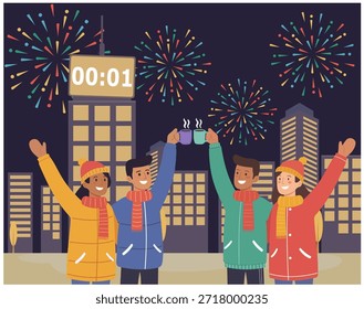 Una Ilustración vectorial plana de un grupo de amigos celebrando el Nuevo año a medianoche en un entorno de la ciudad, levantando tazas juntos mientras coloridos fuegos artificiales iluminan el cielo nocturno, simbolizando la amistad, la felicidad y los nuevos comienzos.