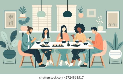 Ilustración vectorial plana de un grupo de amigos comiendo sushi juntos en una mesa de restaurante. Personas usando palillos y disfrutando de la comida japonesa en un interior acogedor. Concepto de comedor, cultura gastronómica y encuentro social. Texto en la ilustración: "SUSHI" y caracteres japoneses que significan "sushi".