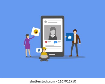 flat vector illustration of group of people using social media features concept around a abstract smartphone. 