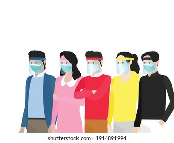 flat vector illustration group of people wear face shield to prevent covid-19 corona virus concept. Can be used for medical and health content