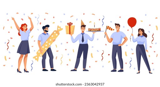 Ilustración vectorial plana. Grupo de personas con ropa de oficina celebrando su cumpleaños o algún otro feriado. Pastel, regalos y confeti 