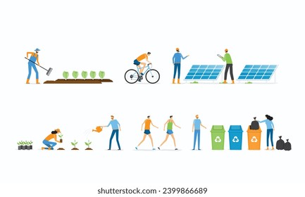 grupo de ilustraciones de vectores planas Personas que cooperan en el concepto de desarrollo y protección de la sostenibilidad ambiental. con planta a árbol , reciclar y usar energía solar