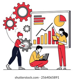 Flat vector illustration of a group of people working in front of a big screen, with charts, corporate style, white background