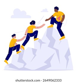 Ilustração vetorial plana de um grupo de pessoas escalando uma montanha juntas, ajudando umas às outras a alcançar o topo, conceito de colaboração em equipe