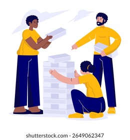 Ilustração de vetor plano de um grupo de pessoas em uma atividade de construção de equipe empilhando blocos juntos. Trabalho em equipe e fortalecimento do conceito de colaboração