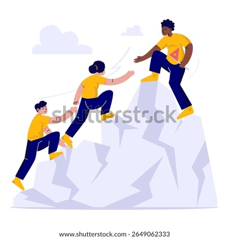 Flat vector illustration of a group of people climbing a mountain together, helping each other to reach the top, teamwork collaboration concept