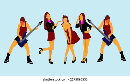 Flat vector illustration of a group of women. The character of the young woman stands isolated. Model in modern fashionable casual clothes. Stylish teenage girl playing guitar