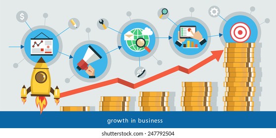 Flat vector illustration. Growth in business. Business start infographics template. Promotion from start to goal