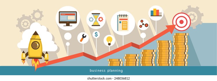Flat vector illustration. Growth in business. Business start infographics template. Promotion from start to goal. Business planning.