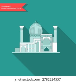 Flat vector illustration of Gur E Amir Mausoleum in Samarkand Uzbekistan. Stylized Silk Road architectural landmark inspired by Timurid Islamic heritage and Central Asian history