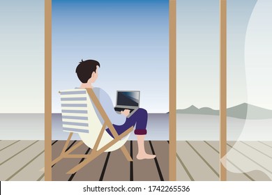 Ilustración vectorial plana de un hombre trabajando a distancia por el mar.