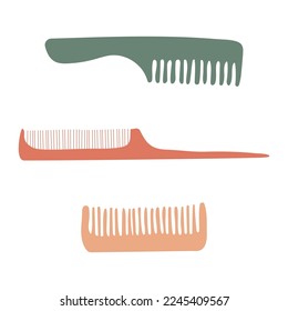 Flat vector illustration with hair care isolated objects: hair dressing table comb set, dresser comb for hair, mustache, beard. Hand-drawn funny hair styling grooming comb set