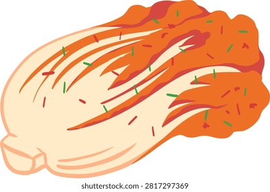 Flat vector illustration of a half cut napa cabbage with spicy kimchi seasoning
