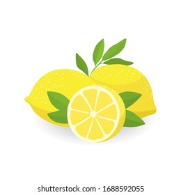 Flache Vektorillustration Illustration von halb und zwei frischen ganzen Zitronen mit Laub dekoriert.
