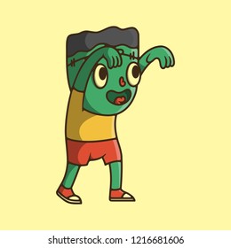 Flat Vector Illustration for Halloween. Cute Cartoon Character: Line Art Boy zombie in shorts with green skin and a scar on his forehead. A child in a Frankenstein costume comes with arms extended.