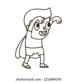 Flat Vector Illustration for Halloween. Cute Cartoon Character: Line Art Little vampire boy with a raincoat and fangs in shorts. A child in a Dracula costume comes with arms extended.