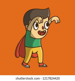 Flat Vector Illustration for Halloween. Cute Cartoon Character: Line Art Little vampire boy with a raincoat and fangs in pants. A child in a Dracula costume comes with arms extended.