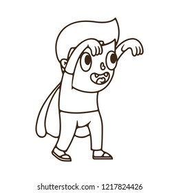 Flat Vector Illustration for Halloween. Cute Cartoon Character: Line Art Little vampire boy with a raincoat and fangs in pants. A child in a Dracula costume comes with arms extended.