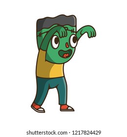 Flat Vector Illustration for Halloween. Cute Cartoon Character: Line art little boy zombie in pants with green skin and scar on his forehead. Child in Frankenstein costume comes with arms extended.