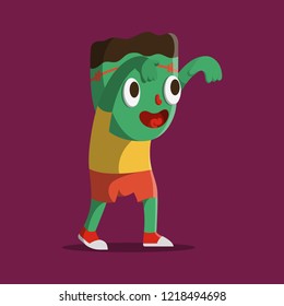 Flat Vector Illustration for Halloween. Cute Cartoon Character: Boy zombie in shorts with green skin and a scar on his forehead. A child in a Frankenstein costume comes with arms extended.
