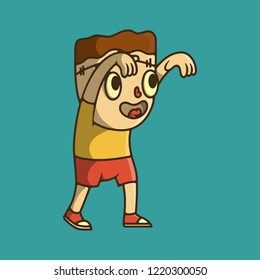 Flat Vector Illustration for Halloween. Cute Cartoon Character: Line Art Boy zombie in pants with a scar on his forehead. A child in a Frankenstein costume comes with arms extended.
