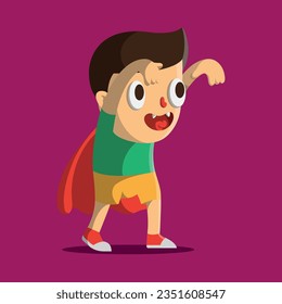 Flache Vektorgrafik zu Halloween. Cute Cartoon Charakter. Kleiner Vampir. Schuljunge in Regenmantel und Reißzähne in seiner Hose auf rosafarbenem Hintergrund. Als Dracula gekleidetes Kind geht mit ausgestreckten Armen.