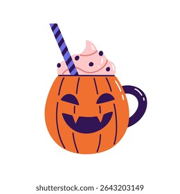 Flat vector illustration of Halloween drink. Hot cocoa or coffee with whipped cream on top in a jack-o'-lantern cup. Cartoon drawing isolated on a white background for sticker, print, or scrapbooking.