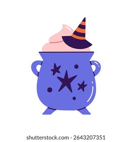 Flat vector illustration of Halloween drink for postcard, scrapbooking, poster design, sticker. Cartoon style drawing of a mug with cauldron shape. Coffee or cocoa with a cream and witch hat on top.