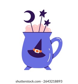 Flat vector illustration of Halloween drink. Cartoon drawing of a purple mug with witch's cauldron shape. Party beverage icon for postcard, sticker, menu, or print design. 